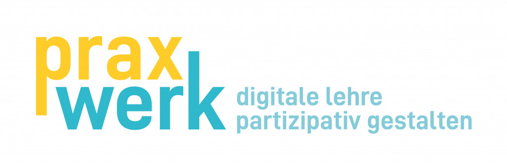 Logo von PraxWerk. Text in Gelb und Blau. Untertitel: digitale Lehre partizipativ gestalten.